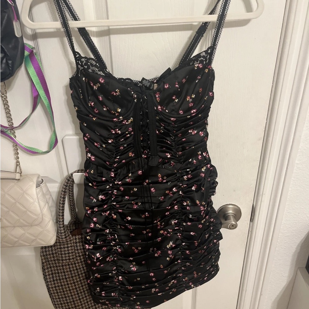 For Love and Lemons NWT women’s lace up black floral mini dress size Xs